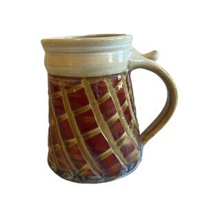 Stoneware Beer Tankard Coffee Mug Red Beige Check Pattern Art Pottery Signed
